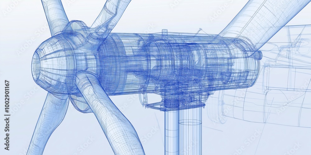 Poster close-up technical blueprint of a wind turbine, illustrating innovative engineering and renewable en