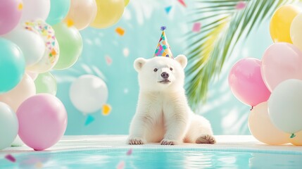 A cute polar bear cub wearing a colorful party hat sits by a pool surrounded by vibrant balloons under a palm tree. Creative animal birthday party concept.