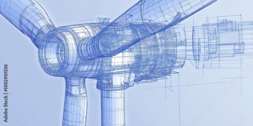 Poster close-up technical blueprint of a wind turbine, illustrating innovative engineering and renewable en