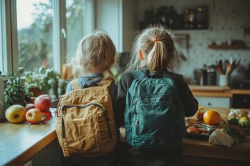 Little children packing to school in morning in kitchen, Generative AI