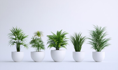 Fototapeta premium potted plants, green leaves, white background, various types of houseplants in the foreground