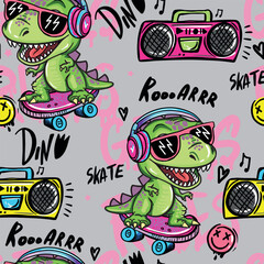 Girlish cool seamless pattern with dinosaur in sunglasses on a skateboard. graffiti background with t rex.For textile, kids wear, fabric and more