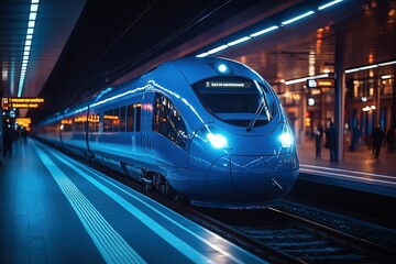 Naklejka premium A blue train is on the tracks at a train station