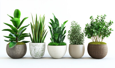 Fototapeta premium potted plants, green leaves, white background, various types of houseplants in the foreground