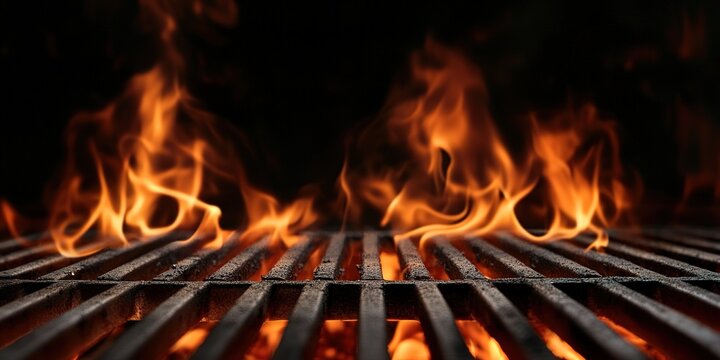 Hot empty portable barbecue BBQ grill with flaming fire and ember charcoal on black background