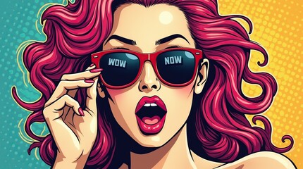 Colorful pop art woman with pink hair and sunglasses