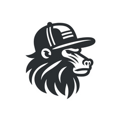 Baboon in a baseball cap. Logo, emblem, sign, icon. simple black and white vector illustration