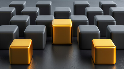 Fototapeta premium Three gold cubes between rows of gray cubes. Competition, performance and leadership concepts