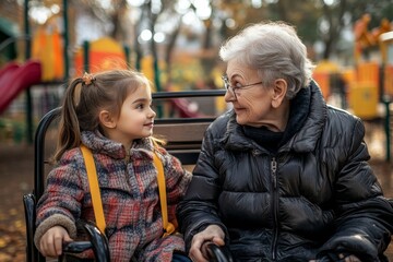 Fototapeta premium Grandma with walker picking up young girl from school at afternoon, spending time with senior grandmother in city park, sitting on bench in children, Generative AI