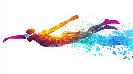 Male athlete swimmer exercising for a swimming sports race event by diving underwater isolated on a white background and shown in a contemporary abstract painting, stock illustration
