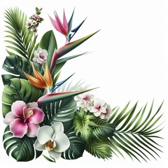Frame of tropical leaves and flowers for text and design