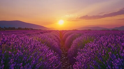 Fototapeta premium Breathtaking Lavender Field Sunset in Peaceful Rural Landscape