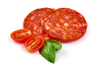 Traditonal Spanish pork chorizo sausage, close-up, isolated on white background