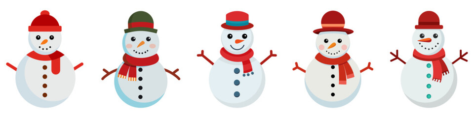 Snowman icons set. Cartoon character snowman. Snowman with hat and scarf. Christmas decor. Vector illustration.