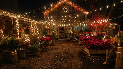 Naklejka premium A vintage farm filled with flowers and holiday lights