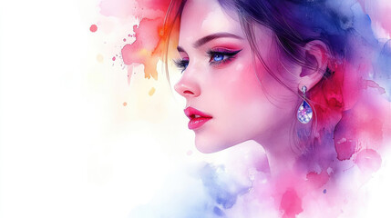 A young woman is depicted in a colorful watercolor style, showcasing bold makeup and an elegant earring, surrounded by artistic splashes of color