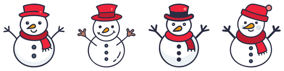 Snowman icons set. Cartoon character snowman. Snowman with hat and scarf. Christmas decor. Vector illustration.