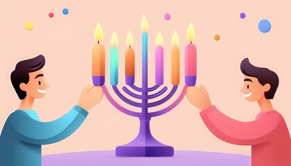 a joyful Hanukkah celebration, with two individuals lighting the candles of a traditional menorah, a warm and festive atmosphere, capturing the essence of this important Jewish holiday.