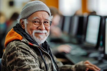 Portrait of senior attending computer and technology education class, Generative AI