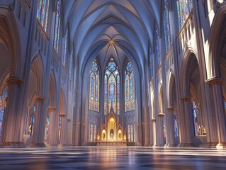 Fototapeta premium Majestic cathedral interior with stunning stained glass windows and high vaulted ceilings.