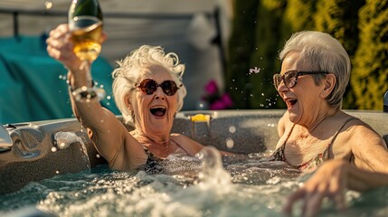 Joyful Senior Women Celebrating in Hot Tub, Retirement, Friendship, Luxury Lifestyle