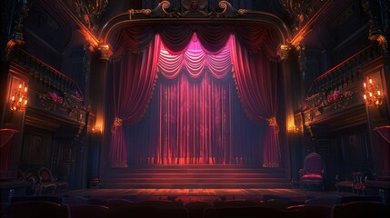 An empty stage with red curtains in a grand theater with balcony seating and ornate details.