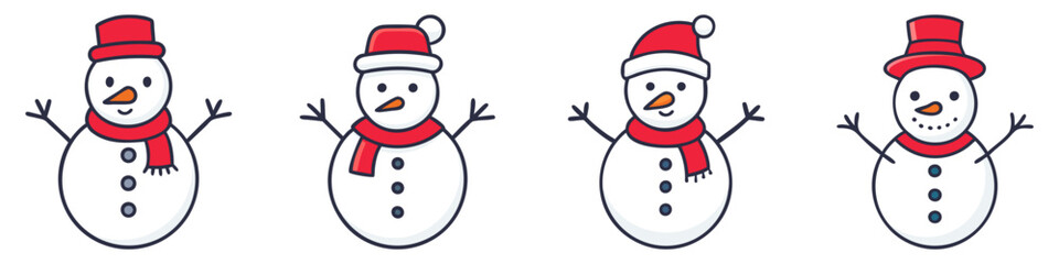 Snowman icons set. Cartoon character snowman. Snowman with hat and scarf. Christmas decor. Vector illustration.