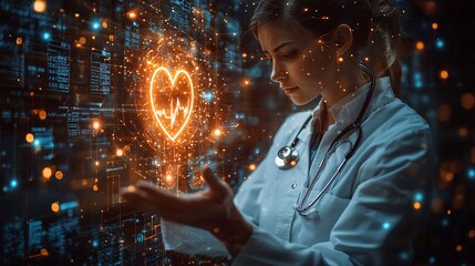 A doctor touches a glowing health symbol with a patient's digital medical record, surrounded by connected healthcare networks
