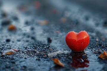 Fototapeta premium A heart-shaped red tomato with dew drops sits on a rain-soaked asphalt surface, surrounded by scattered autumn leaves in a moody, blurred background