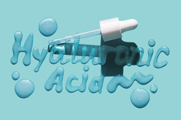 Cosmetic ingredient lettering hyaluronic acid isolated with pipette dropper on blue