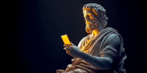 A classical statue holds a smartphone, merging ancient art with modern technology. This image represents the blend of history and the digital age. Explore this unique concept. AI