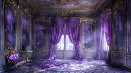 An empty room with purple curtains and a chair, decorated with gold trim and patterned wallpaper. The room is bathed in a soft, ethereal light.