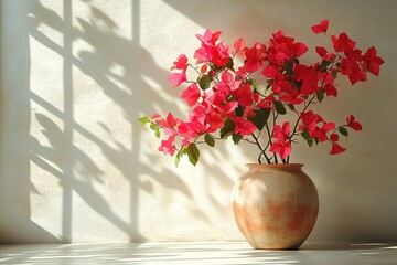 A vase of red flowers sits on a white wall