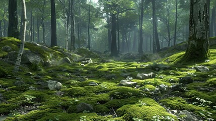 A lush, green forest with tall trees, mossy rocks, and a hazy atmosphere.
