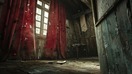 Naklejka premium An abandoned room with red curtains, wooden walls and a broken mirror on the floor.