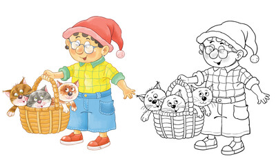 Our favorite pets. A cute and funny gnome with his favorite cat and kittens. Illustration for children. Cute and funny cartoon characters. Character design. 