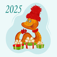 Chinese New Year 2025 snake illustration with gift boxes. New Year poster design. Stock vector
