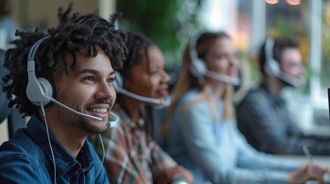 vibrant call center team working together, showcasing communication and collaboration in a modern workspace.