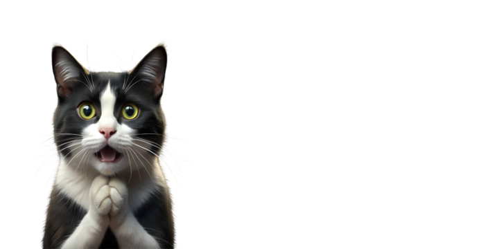 surprised black and white cat with copy space and transparent background PNG