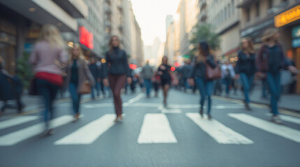 Blurred and grainy image of people crossing a street in an urban environment