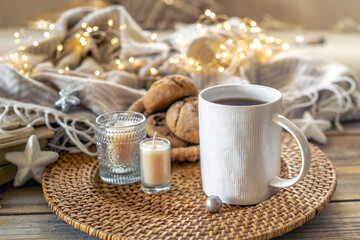 Christmas atmospheric composition with coffee and Christmas decorations.