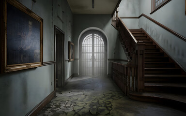 A haunted retro asylum with a misty atmosphere. The interior features a long arched hallway with a dirty, cracked floor.