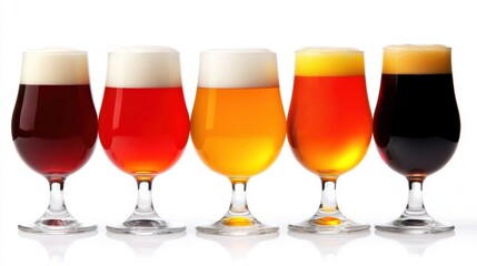 Collection of five different beer glasses on white background