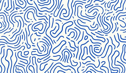 Blue and white pattern of squiggles on a plain white background