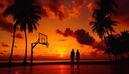 Couple silhouette at sunset by a basketball court with palm trees.