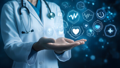 Doctor Presenting Digital Health Icons with Medical Technology Interface