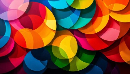 Obraz premium Abstract street art mural featuring bright geometric shapes, dynamic circles and squares in vibrant colors, with soft sunlight and shadows