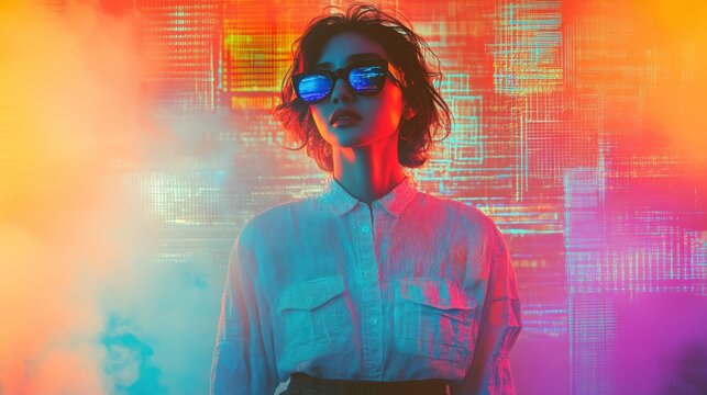 A vaporwave enthusiast poses confidently in front of a colorful, abstract background. The setting is illuminated with neon hues that complement their stylish outfit