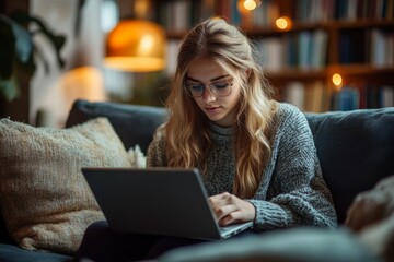 A beautiful university student is writing her thesis on a laptop, sitting at home on the couch, Generative AI