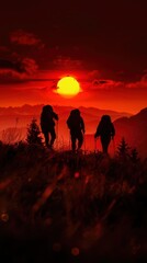 Fototapeta premium Hikers silhouetted against a vibrant sunset in a mountainous landscape.